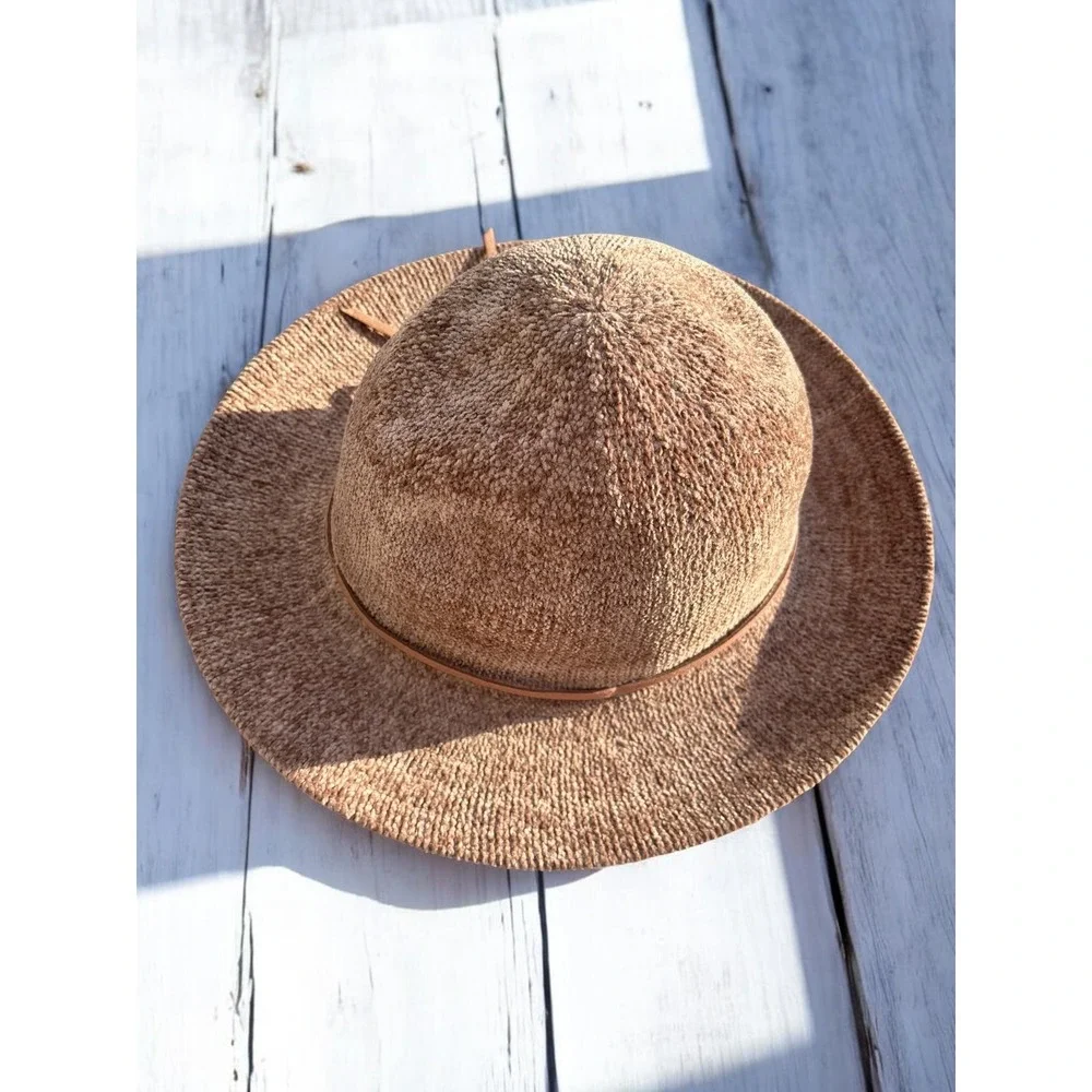 Boho Fedora Hat OS Mauve Brown Polyester Knit Faux Leather Bow Trim Adjustable‎